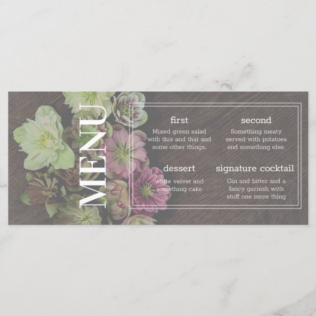 KLASSIC Garden Hellebore Wood and White Menu Card Meny (Framsida)