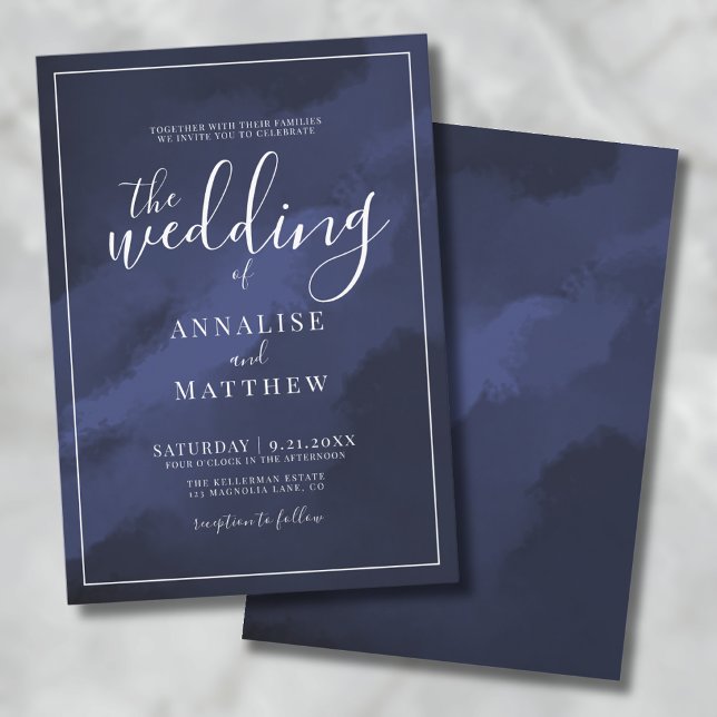 Klassigt Modernt Elegant Akvarell Marinblått Bröll Inbjudningar (Classy Modern Elegant Watercolor Navy Blue Wedding Invitation )