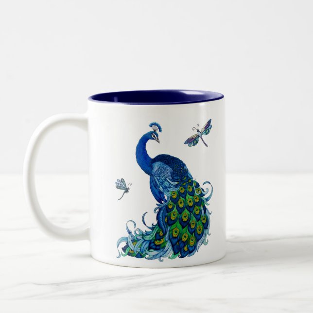 Klassikerpåfågel- och sländadesign Två-Tonad mugg (Vänster)