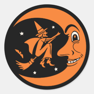 KlassikervintageHalloween måne och häxa Runt Klistermärke