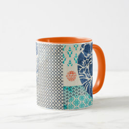 Klassisches Patchworkmuster in Indigo und Türkis Mugg