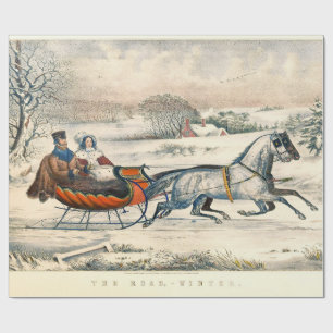 Klassisk 1853 slädfärd Currier Ives väg Vinter Presentpapper