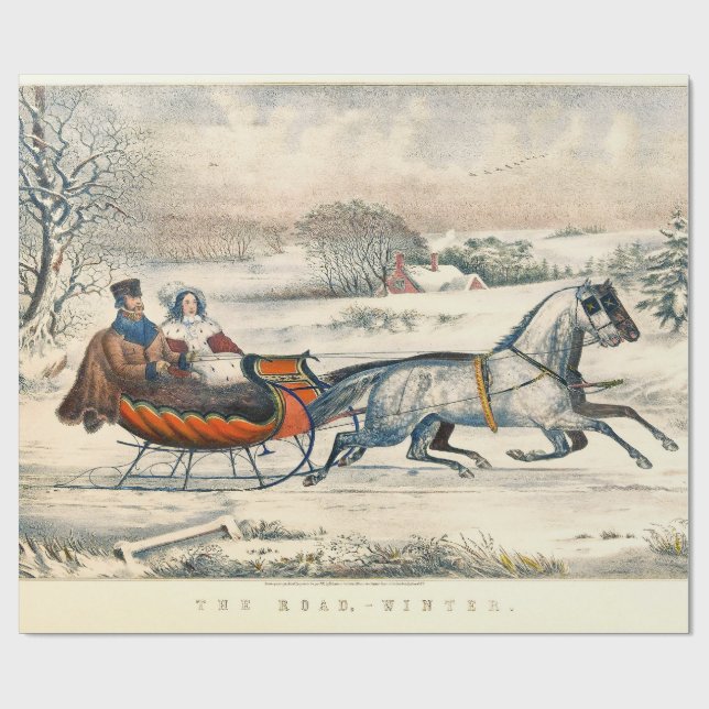 Klassisk 1853 slädfärd Currier Ives väg Vinter Presentpapper (Platt)