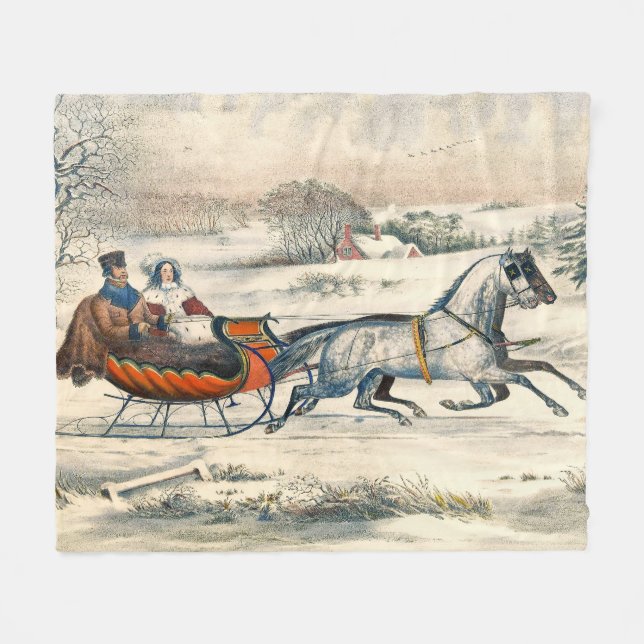 Klassisk 1853 Slädtur Currier Ives Landsväg Vinter Fleecefilt (Framsidan (Horisontell))