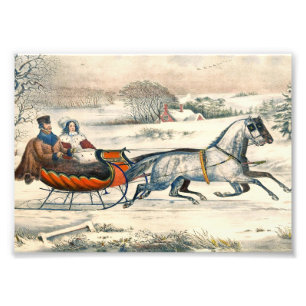 Klassisk 1853 Slädtur Currier Ives Landsväg Vinter Fototryck