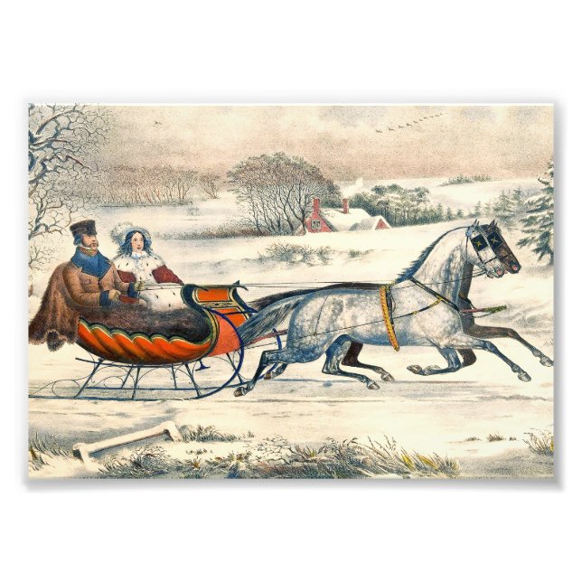Klassisk 1853 Slädtur Currier Ives Landsväg Vinter Fototryck (Framsidan)
