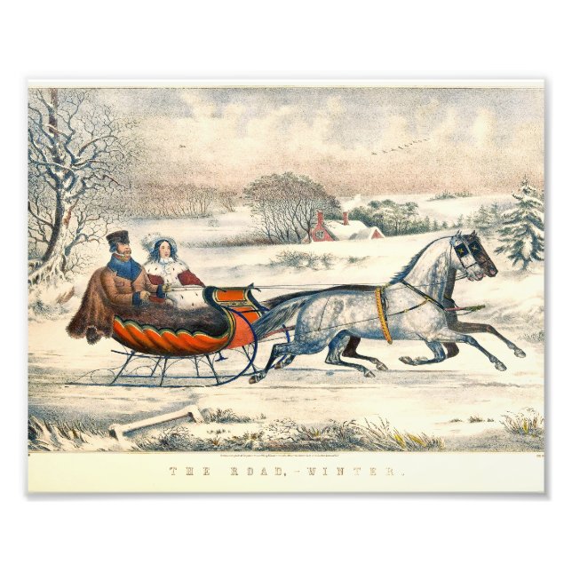 Klassisk 1853 Slädtur Currier Ives Landsväg Vinter Fototryck (Framsidan)