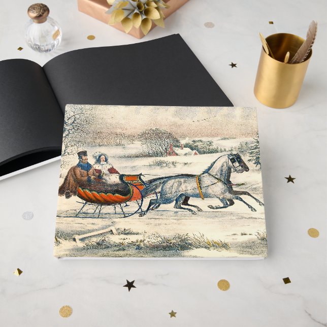 Klassisk 1853 Slädtur Currier Ives Landsväg Vinter Gästböcker (Framsida Öppen)