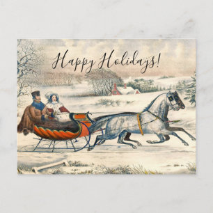 Klassisk 1853 Slädtur Currier Ives Landsväg Vinter Helg Vykort