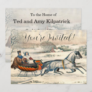 Klassisk 1853 Slädtur Currier Ives Landsväg Vinter Inbjudningar