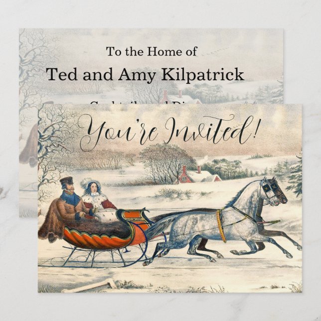 Klassisk 1853 Slädtur Currier Ives Landsväg Vinter Inbjudningar (Fram/baksida)