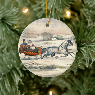 Klassisk 1853 Slädtur Currier Ives Landsväg Vinter Julgransprydnad Keramik