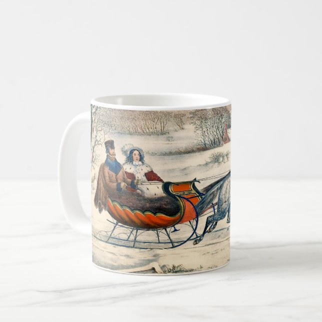 Klassisk 1853 Slädtur Currier Ives Landsväg Vinter Kaffemugg (Framsida vänster)
