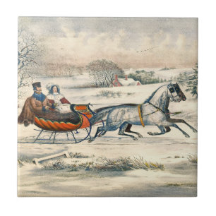 Klassisk 1853 Slädtur Currier Ives Landsväg Vinter Kakelplatta