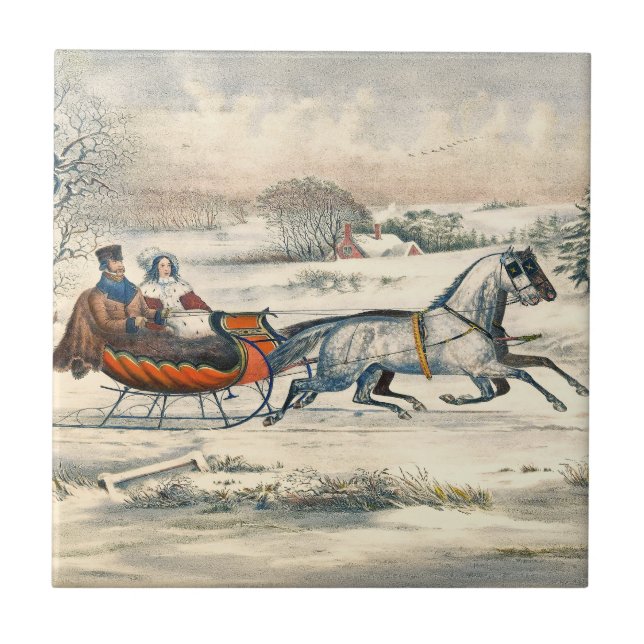 Klassisk 1853 Slädtur Currier Ives Landsväg Vinter Kakelplatta (Framsidan)