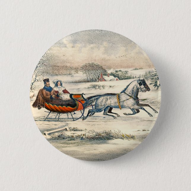 Klassisk 1853 Slädtur Currier Ives Landsväg Vinter Knapp (Framsida)