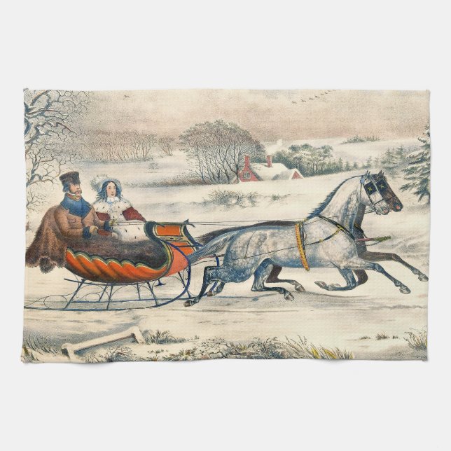 Klassisk 1853 Slädtur Currier Ives Landsväg Vinter Kökshandduk (Horisontell)