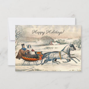 Klassisk 1853 Slädtur Currier Ives Landsväg Vinter Kort