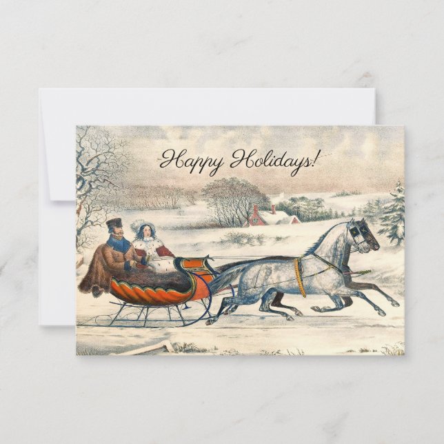 Klassisk 1853 Slädtur Currier Ives Landsväg Vinter Kort (Framsida)