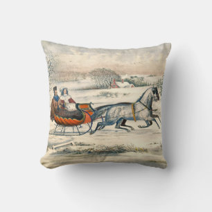 Klassisk 1853 Slädtur Currier Ives Landsväg Vinter Kudde