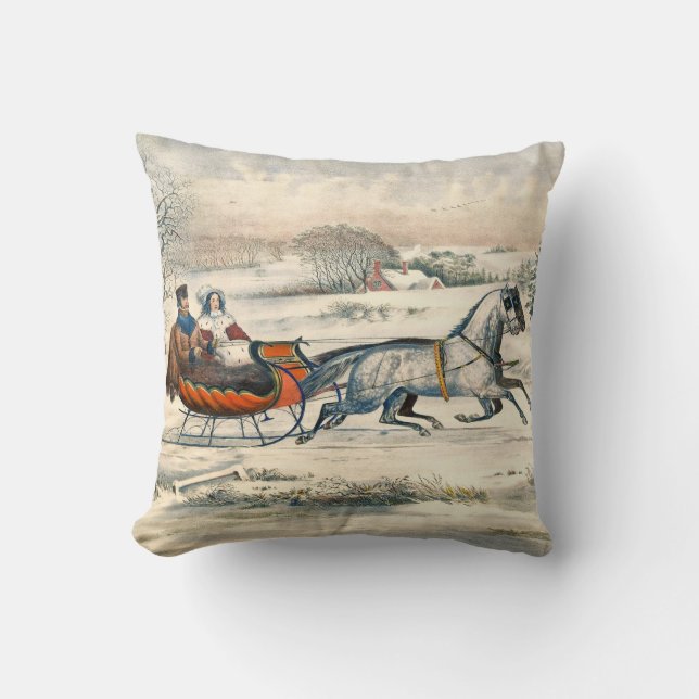 Klassisk 1853 Slädtur Currier Ives Landsväg Vinter Kudde (Framsida)