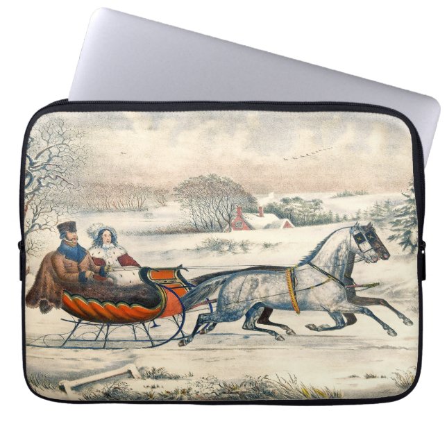 Klassisk 1853 Slädtur Currier Ives Landsväg Vinter Laptop Fodral (Framsidan)
