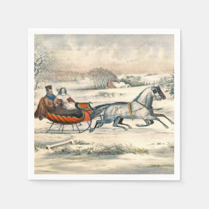 Klassisk 1853 Slädtur Currier Ives Landsväg Vinter Pappersservett