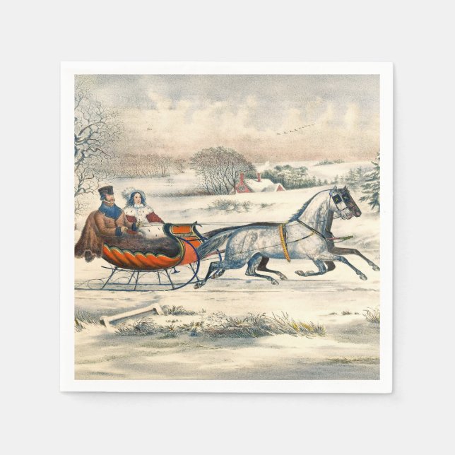 Klassisk 1853 Slädtur Currier Ives Landsväg Vinter Pappersservett (Framsidan)