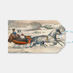 Klassisk 1853 Slädtur Currier Ives Landsväg Vinter Presentetikett