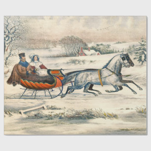 Klassisk 1853 Slädtur Currier Ives Landsväg Vinter Presentpapper