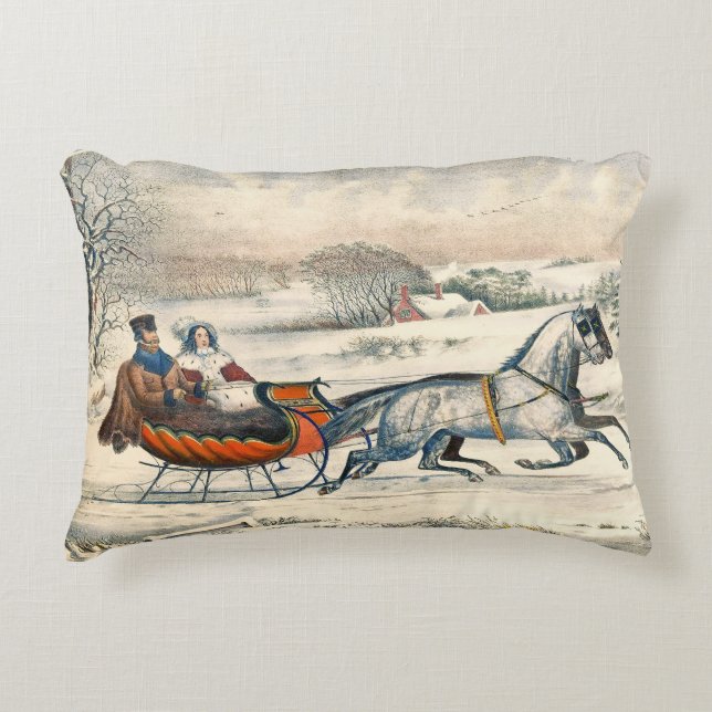Klassisk 1853 Slädtur Currier Ives Landsväg Vinter Prydnadskudde (Framsidan)
