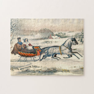 Klassisk 1853 Slädtur Currier Ives Landsväg Vinter Pussel