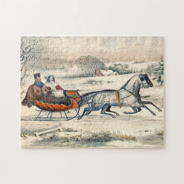 Klassisk 1853 Slädtur Currier Ives Landsväg Vinter Pussel (Horisontell)