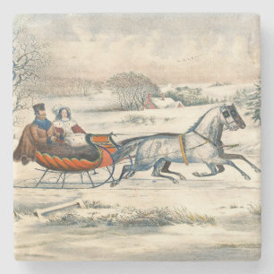 Klassisk 1853 Slädtur Currier Ives Landsväg Vinter Stenunderlägg