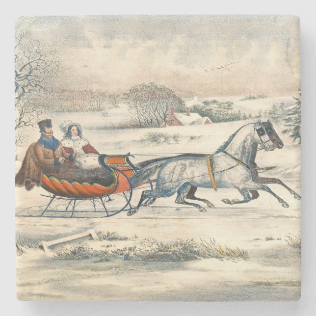 Klassisk 1853 Slädtur Currier Ives Landsväg Vinter Stenunderlägg (Framsidan)