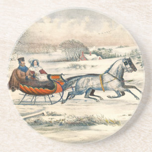 Klassisk 1853 Slädtur Currier Ives Landsväg Vinter Underlägg