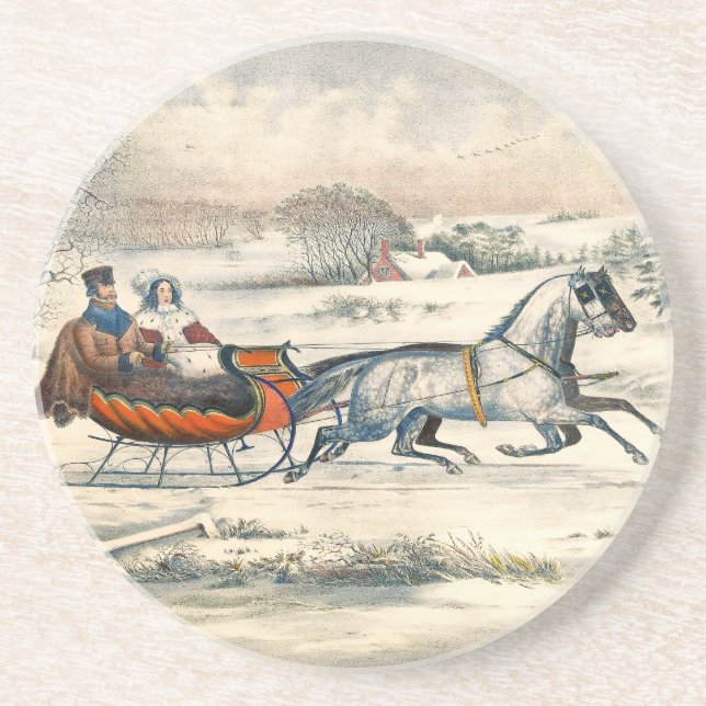 Klassisk 1853 Slädtur Currier Ives Landsväg Vinter Underlägg (Framsidan)