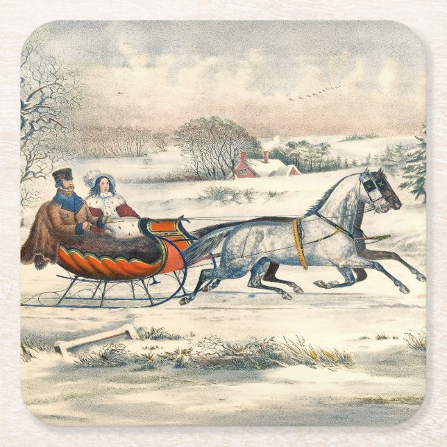 Klassisk 1853 Slädtur Currier Ives Landsväg Vinter Underlägg Papper Kvadrat (Framsidan)
