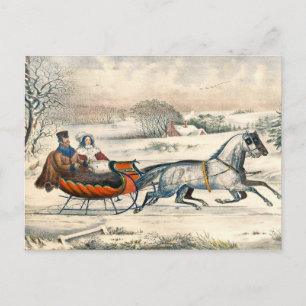 Klassisk 1853 Slädtur Currier Ives Landsväg Vinter Vykort