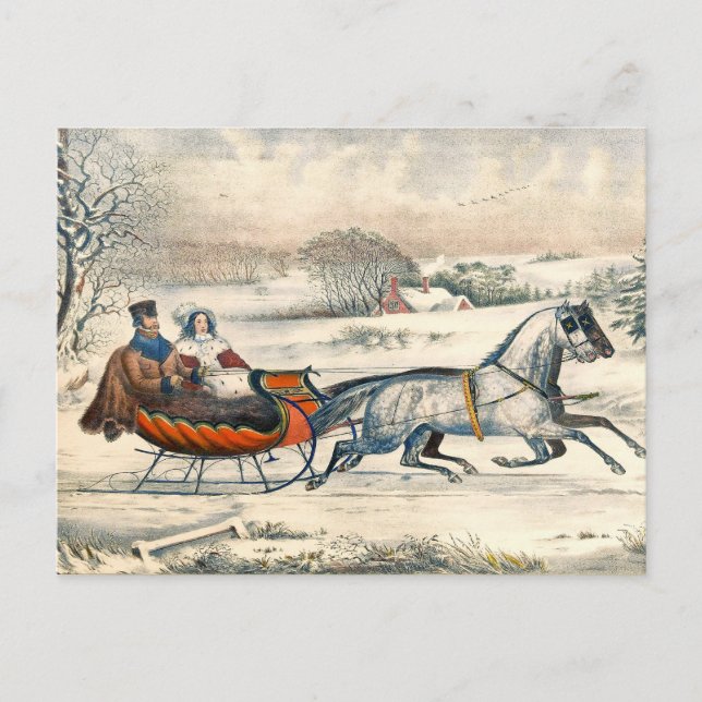 Klassisk 1853 Slädtur Currier Ives Landsväg Vinter Vykort (Framsida)