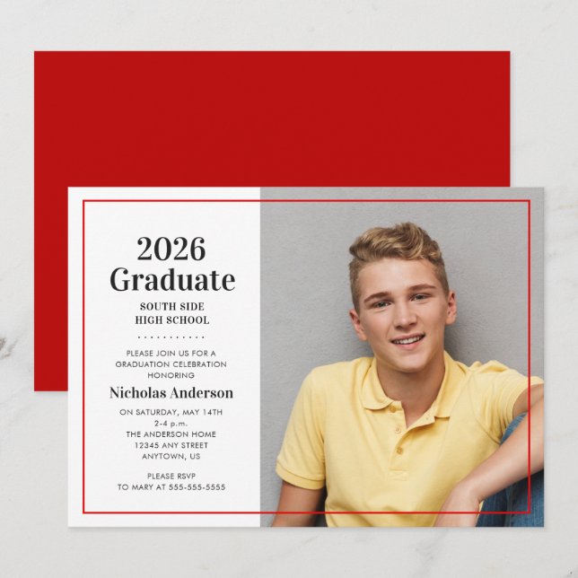 Klassisk 2026 examensfoto Röd examen Inbjudningar (Fram/baksida)