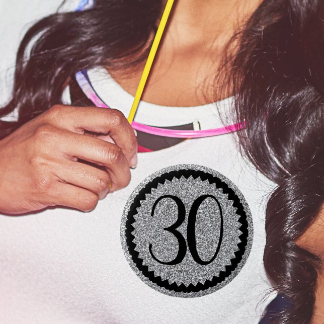Klassisk 30års födelsedag Party Silver Glitter Knapp (personalised 30th birthday party silver glitter birthday badge)