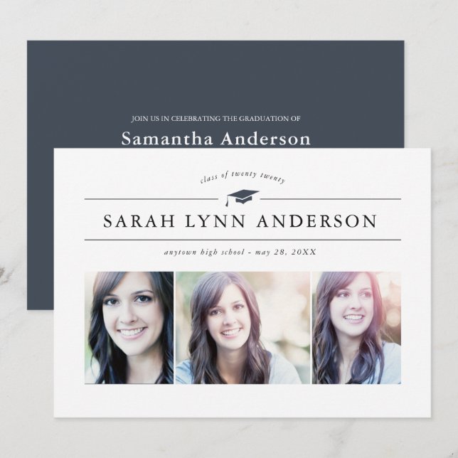 Klassisk 3-inbjudan till fotoStudentfest Inbjudningar (Fram/baksida)