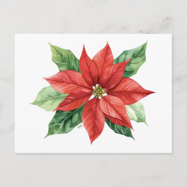 Klassisk akvarell Röd Poinsettia-blomma Helg Vykort (Framsida)