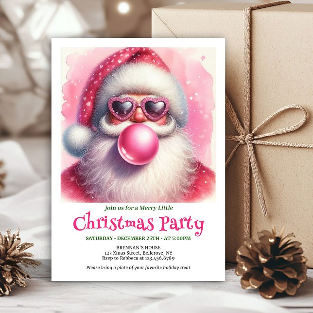 Klassisk akvarell Rosa Tomte Bubble Gum Jul Inbjudningar (Classic Watercolor Pink Santa Bubble Gum Christmas Invite

)