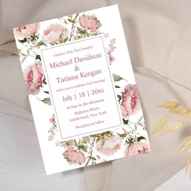 Klassisk akvarell rosabruden Peony blomsterbröllop Inbjudningar (Skapare uppladdad)