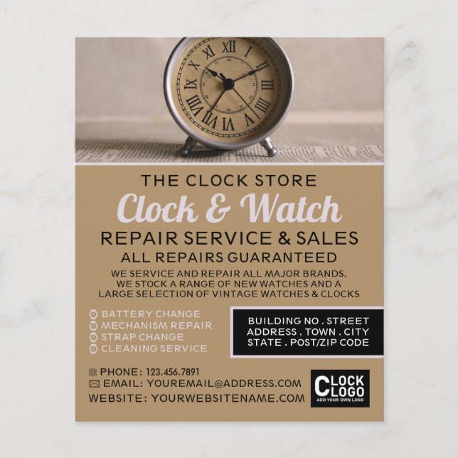 Klassisk Alarm Clock, Horologist Advertising Flygblad (Framsidan)