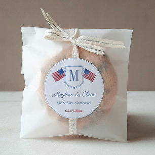 Klassisk amerikansk flaggmonogram bröllopsfavorit runt klistermärke