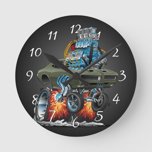 Klassisk amerikansk muskelbil Hot rod Tecknad Rund Klocka (Framsida)