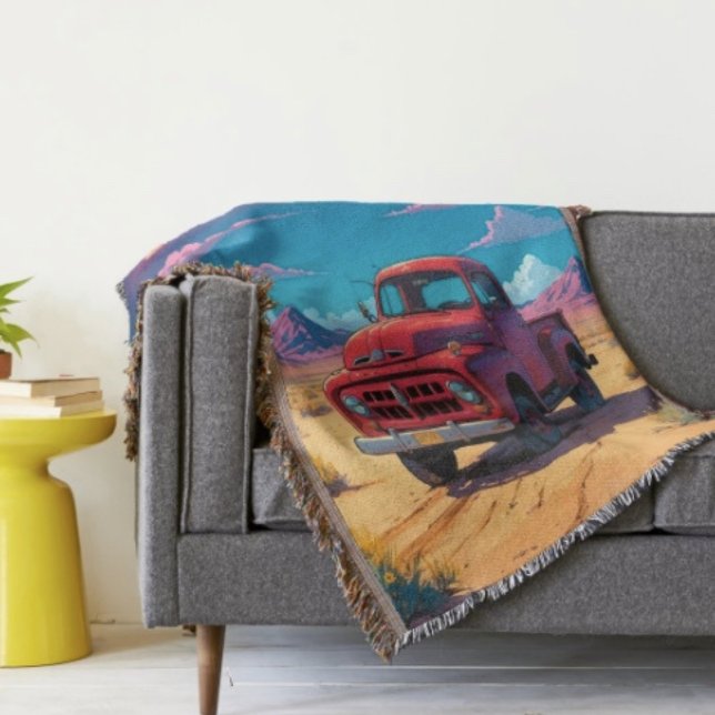 Klassisk amerikansk pickup  filt (Retro Red Pickup Truck Desert Moon blanket - soft and colourful available  in 3 different sizes. )